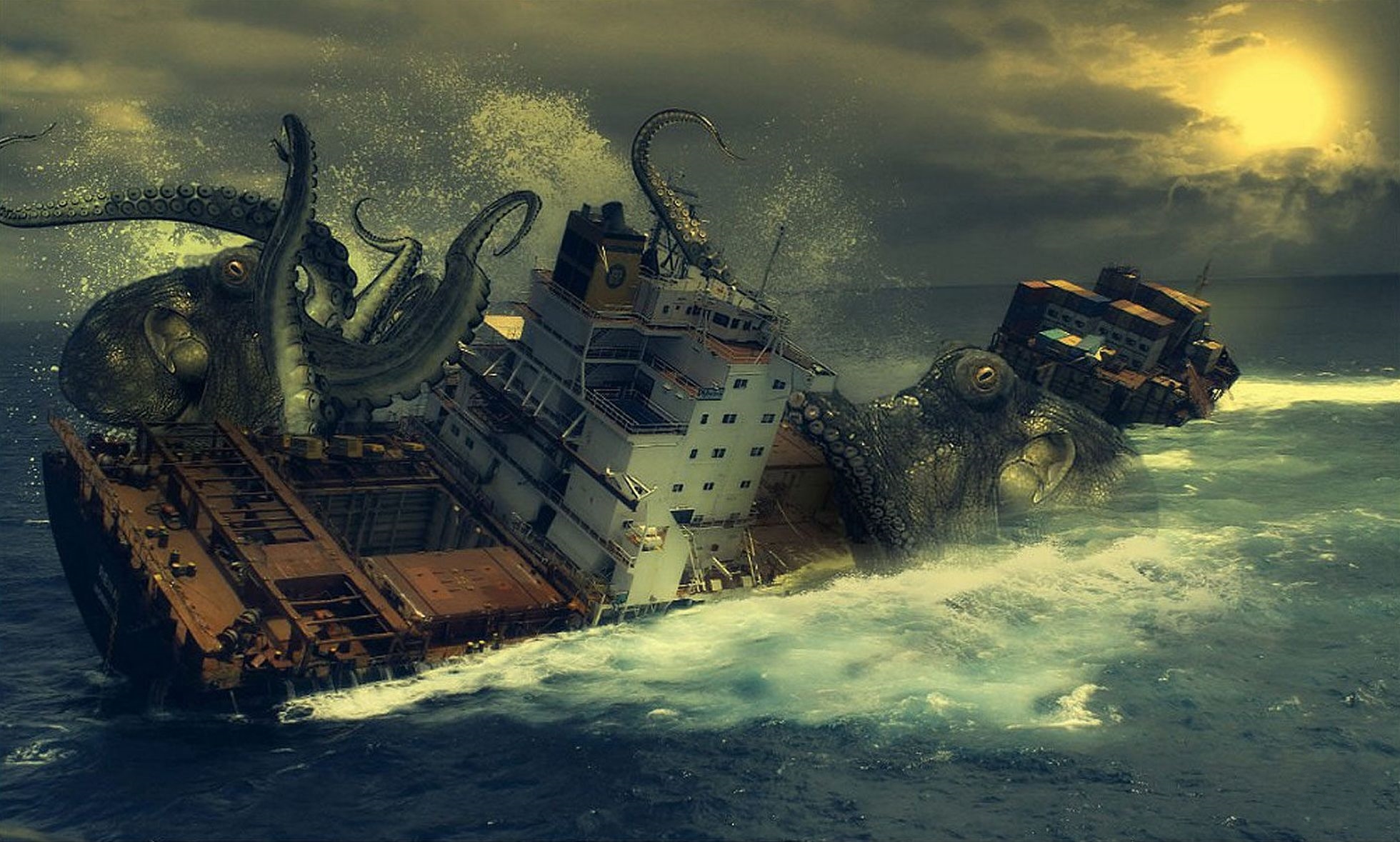Морской нападение. Гигантский осьминог Кракен. Стимпанк Кракен. Нападение Кракена на корабль. Корабль и чудовище.